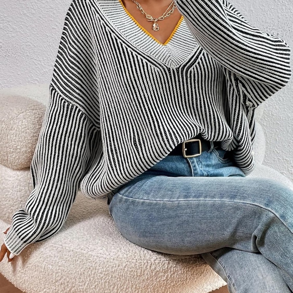 Striped V-Neck Oversized Women’s Sweater - Black & White